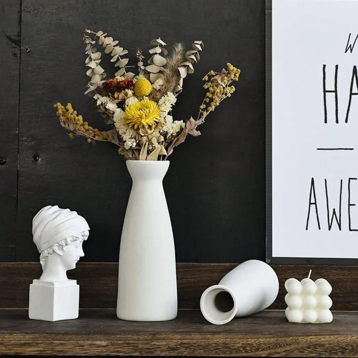 White ceramic vase with slender elongated neck and matte finish from 3pcs bohemian ceramic vase set for home decor
