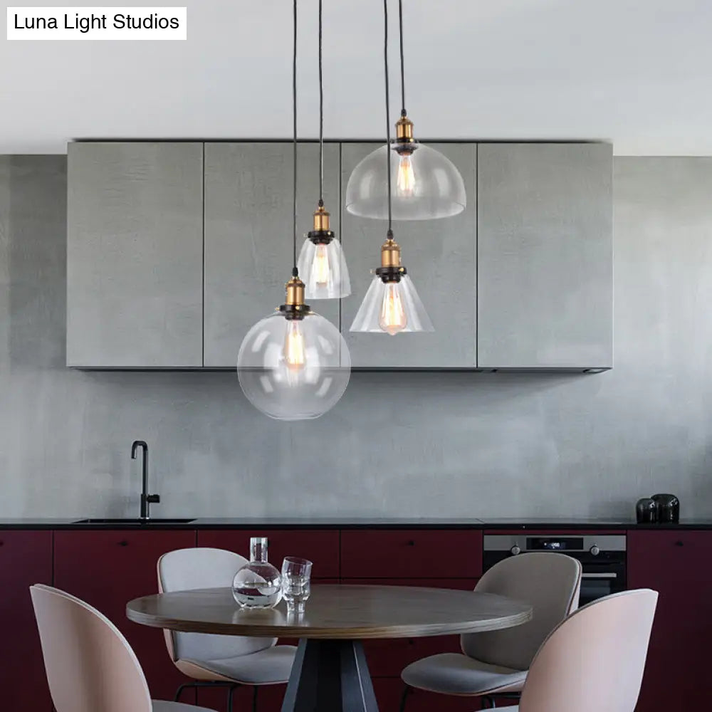 4-Light Clear Glass Cluster Pendant in Aged Brass, Modern Hanging Light with Unique Shades - Linear/Round Canopy