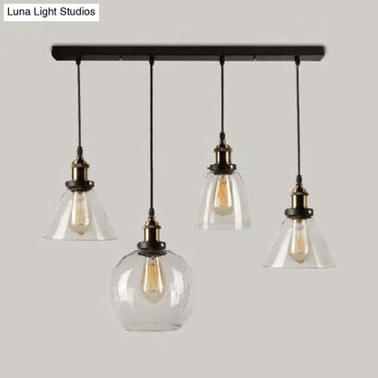 4-Light Clear Glass Cluster Pendant in Aged Brass, Modern Hanging Light with Unique Shades - Linear/Round Canopy