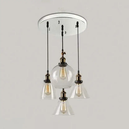 4-Light Clear Glass Cluster Pendant in Aged Brass, Modern Hanging Light with Unique Shades - Linear/Round Canopy