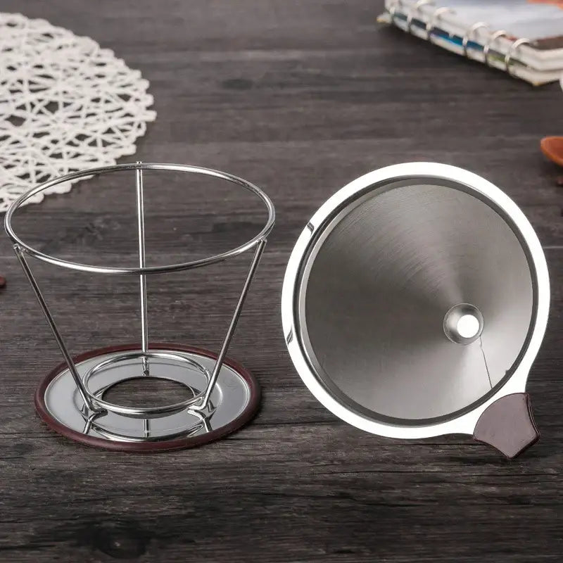 Stainless steel double layer coffee filter funnel with sleek brushed finish and small brown plastic handle for brewing