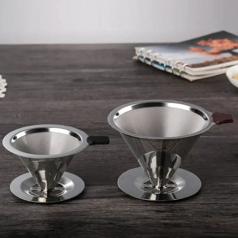 Two stainless steel double layer coffee filter funnel drippers with black and brown wooden handles in a 4 pack set
