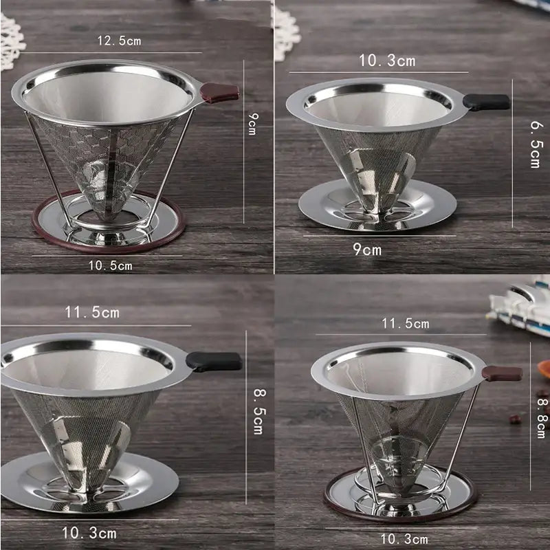 Set of four stainless steel double layer coffee filter funnel drippers with black and brown handles and bases