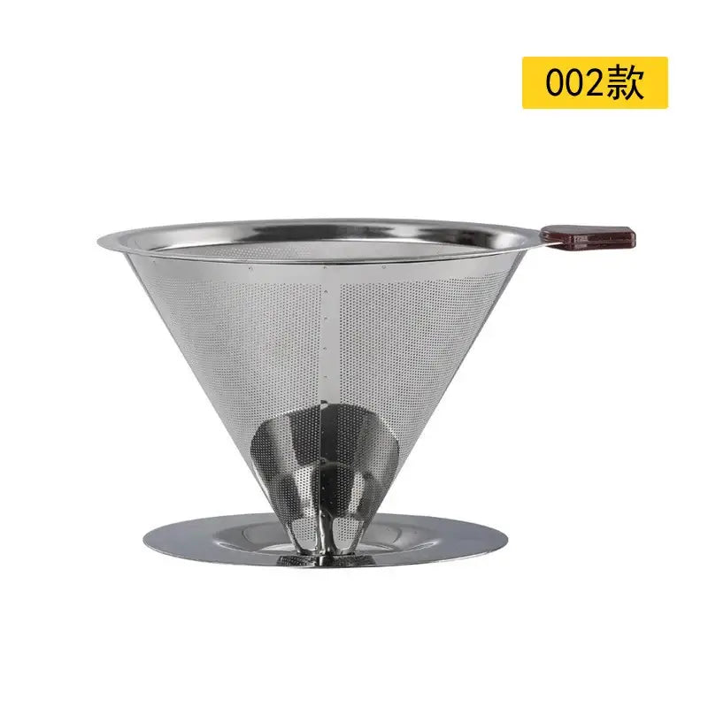 Stainless steel double layer coffee filter funnel with perforated mesh body and wooden handle for brewing coffee