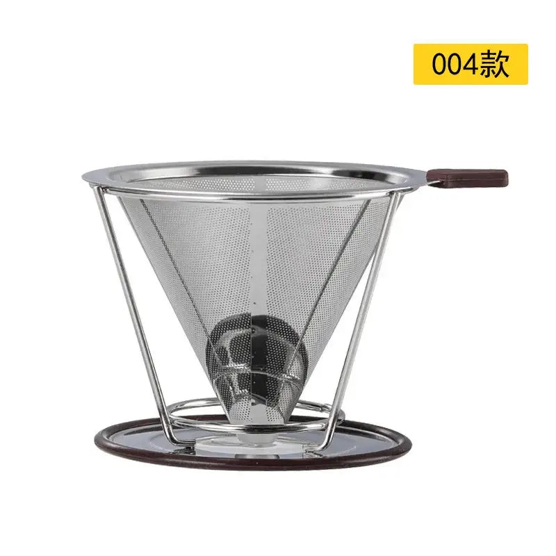 Stainless steel conical coffee filter funnel with wooden handle and base featuring double layer mesh filter design