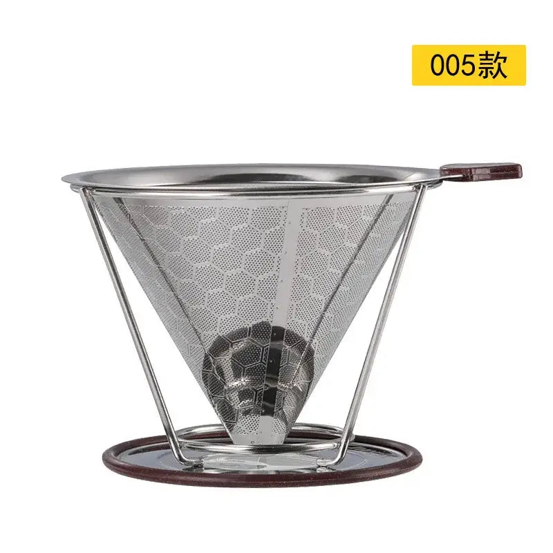 Stainless steel double layer coffee filter funnel dripper with hexagonal mesh pattern wooden handle and base set of 4