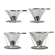 Set of four stainless steel double layer coffee filter funnel drippers with wooden handles and bases for kitchen use