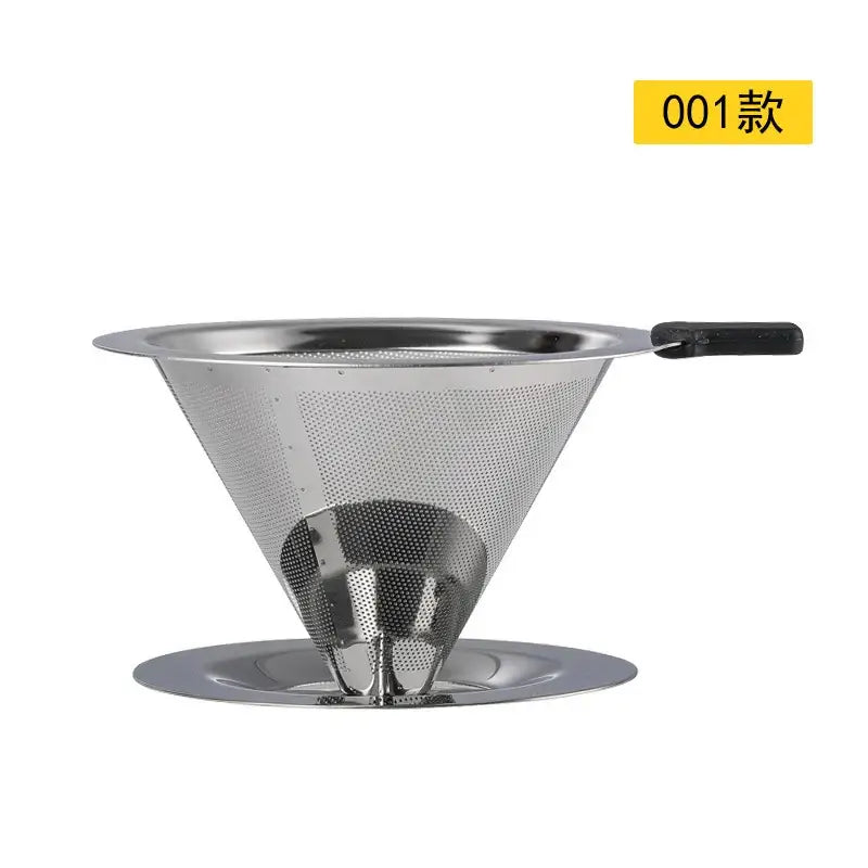 Stainless steel double layer coffee filter funnel with black handle and perforated mesh resting on matching base