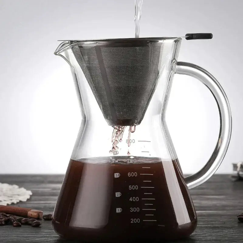 Clear glass pour-over coffee maker with stainless steel double layer coffee filter funnel and measurement markings