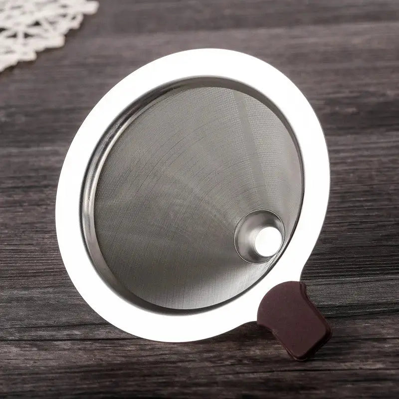 A stainless steel double layer coffee filter funnel with a polished finish and dark brown plastic handle for dripper use