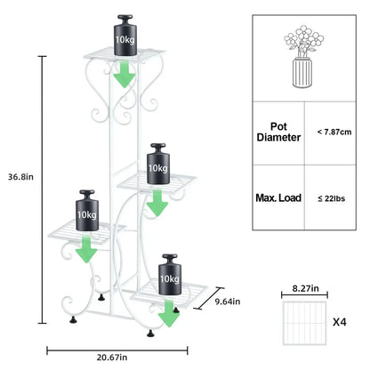 Decorbites 4-tier white wrought iron metal plant stand with decorative scrollwork for indoor and outdoor display