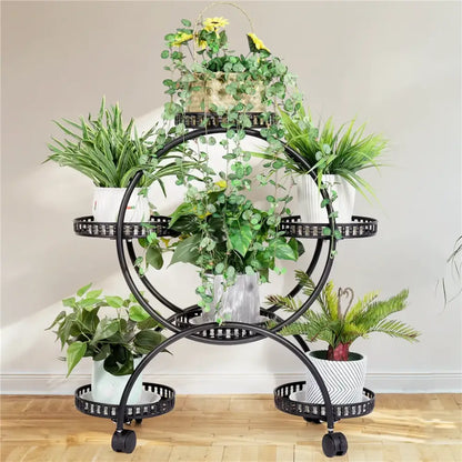 Black metal plant stand shelf with circular tiers and 4 wheels for easy mobility by DecorBites™