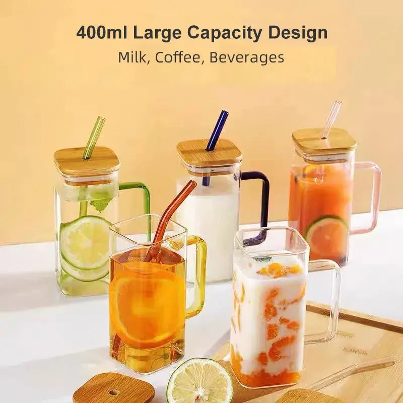 Clear 400ml square glass mug with bamboo lid and colorful silicone straw featuring a sturdy handle for easy grip