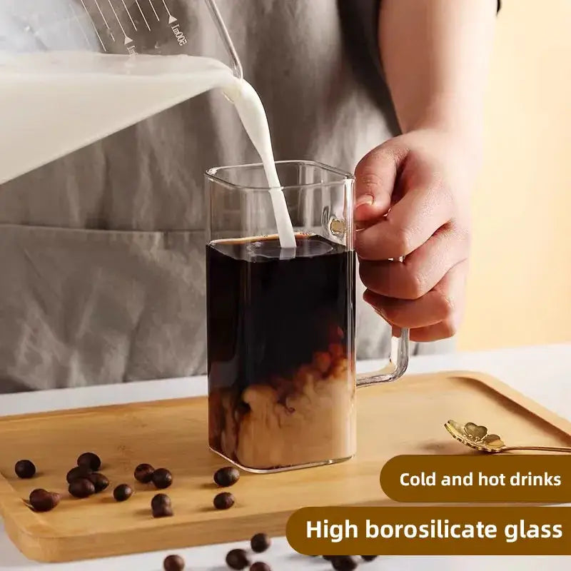 Clear rectangular 400ml square glass mug with handle made of high borosilicate glass for dining room use