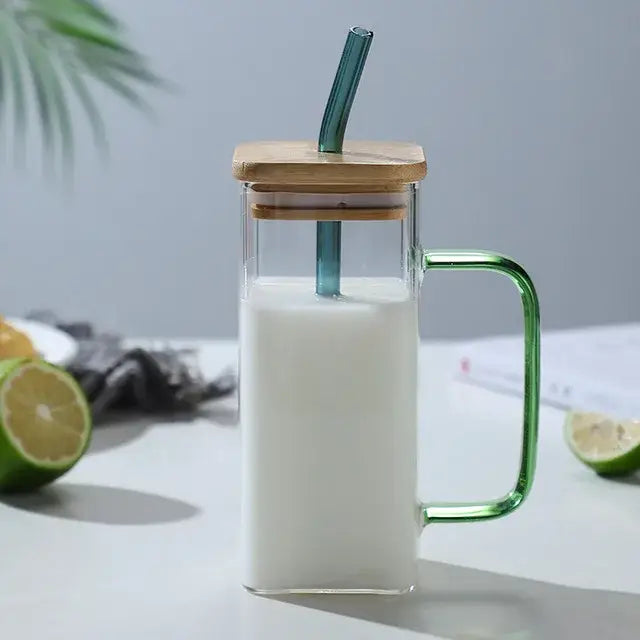 Clear glass 400ml square glass mug with green handle bamboo lid and teal straw for dining room use