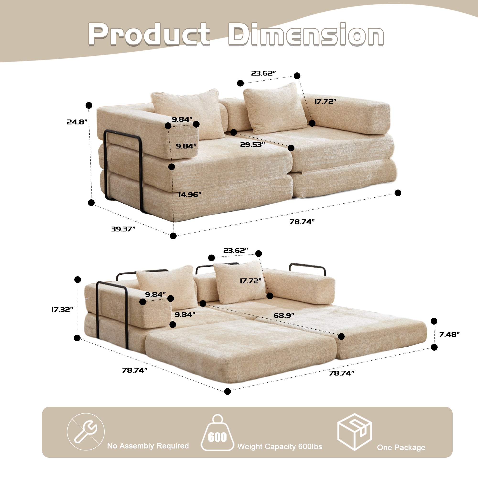 Sofá de Compresión, Sofá Cama Convertible para el Suelo con Marco de Forma Fija, Sofá Seccional Modular sin Huesos para Dos Personas, Sin Ensamblaje Requerido, Tela de Chenille, para Sala de Estar y Dormitorio, Beige