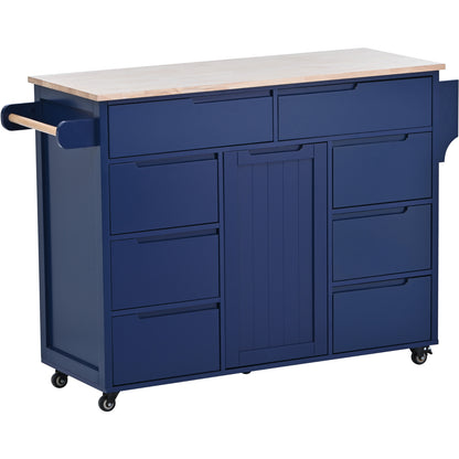 K&K Store Kitchen Cart With Rubber Wood Top, 8 Handle-Free Drawers