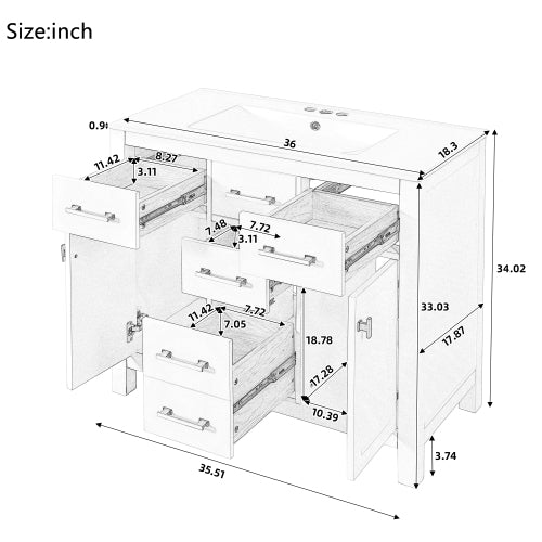Lavabo de baño de 36'' con conjunto combinado de fregadero de cerámica, gabinete de baño individual independiente moderno con 4 cajones y 2 armarios, armario de almacenamiento para baño, conjunto de lavabo con marco de madera maciza, blanco