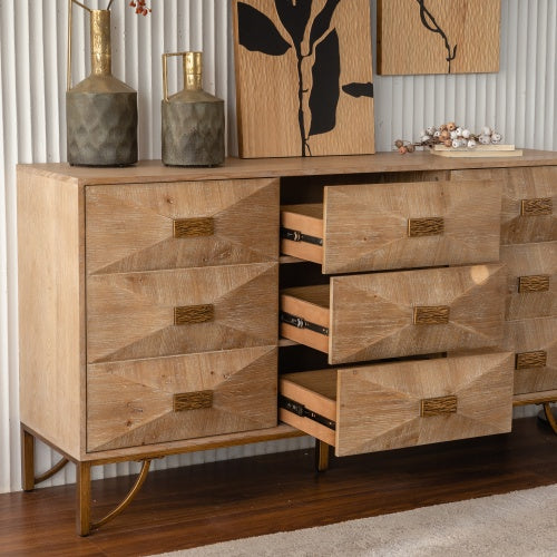 Cómoda de 9 cajones, Cómodas y cajoneras modernas, Soporte para TV, Cómoda de madera clara para dormitorio, sala de estar, pasillo