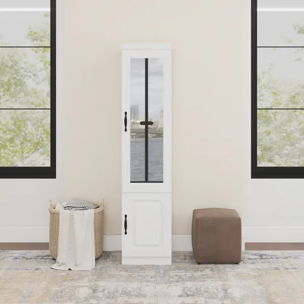 Livelylodge Slim White Storage Cabinet With Glass Door – Space-Saving Tall Organizer With Metal Handles, Perfect For Small Spaces Or Bedroom Use