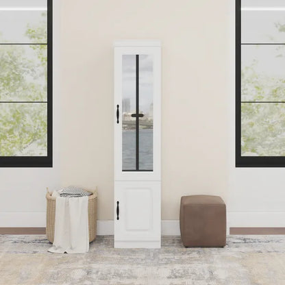 Livelylodge Slim White Storage Cabinet With Glass Door – Space-Saving Tall Organizer With Metal Handles, Perfect For Small Spaces Or Bedroom Use