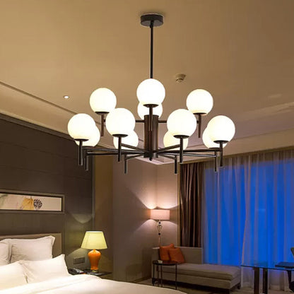 Lámpara de araña contemporánea negra y dorada con forma de globo y diseño radial - 6/8/9 luces, lámpara colgante de cristal opalino