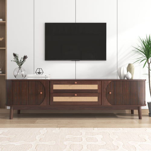 Mueble de TV de Ratán para TVs Hasta 75'', Consola de Medios Moderna Estilo Granja, Centro de Entretenimiento con Patas de Madera Maciza, Gabinete de TV para Sala de Estar, Cine en Casa