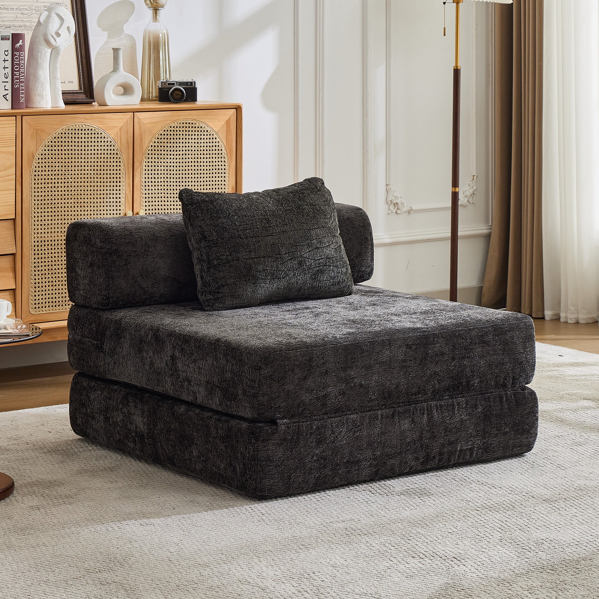Sofá de Compresión, Sofá Cama Convertible para el Suelo con Marco de Forma Fija, Sofá Seccional Modular sin Huesos para una Persona, Sin Ensamblaje Requerido, Tela de Chenille, para Sala de Estar y Dormitorio, Negro