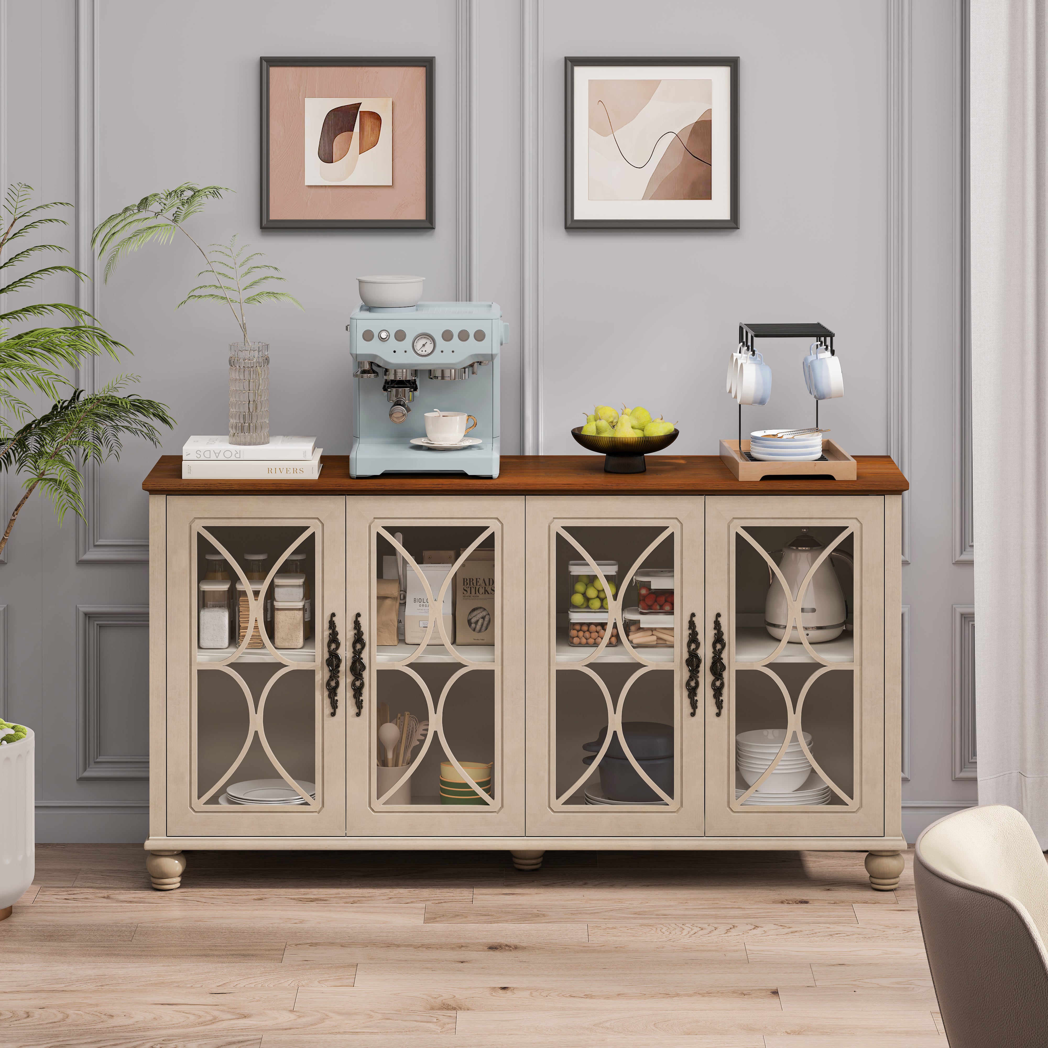 Elegantes europäisches Antiquitäten-Stil 4-Türenschrank mit gehärteten Glastüren, für Esszimmer, Wohnzimmer, Flur, einfache Montage, Beige