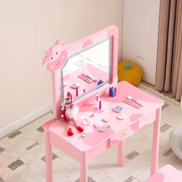 Pink MDF + Solid Wood Legs, Spray Paint + Silkscreen Printing, Cow Pattern, 1-drawer Children's Dressing Table Set, LED Three-color Backlit Touch Switch