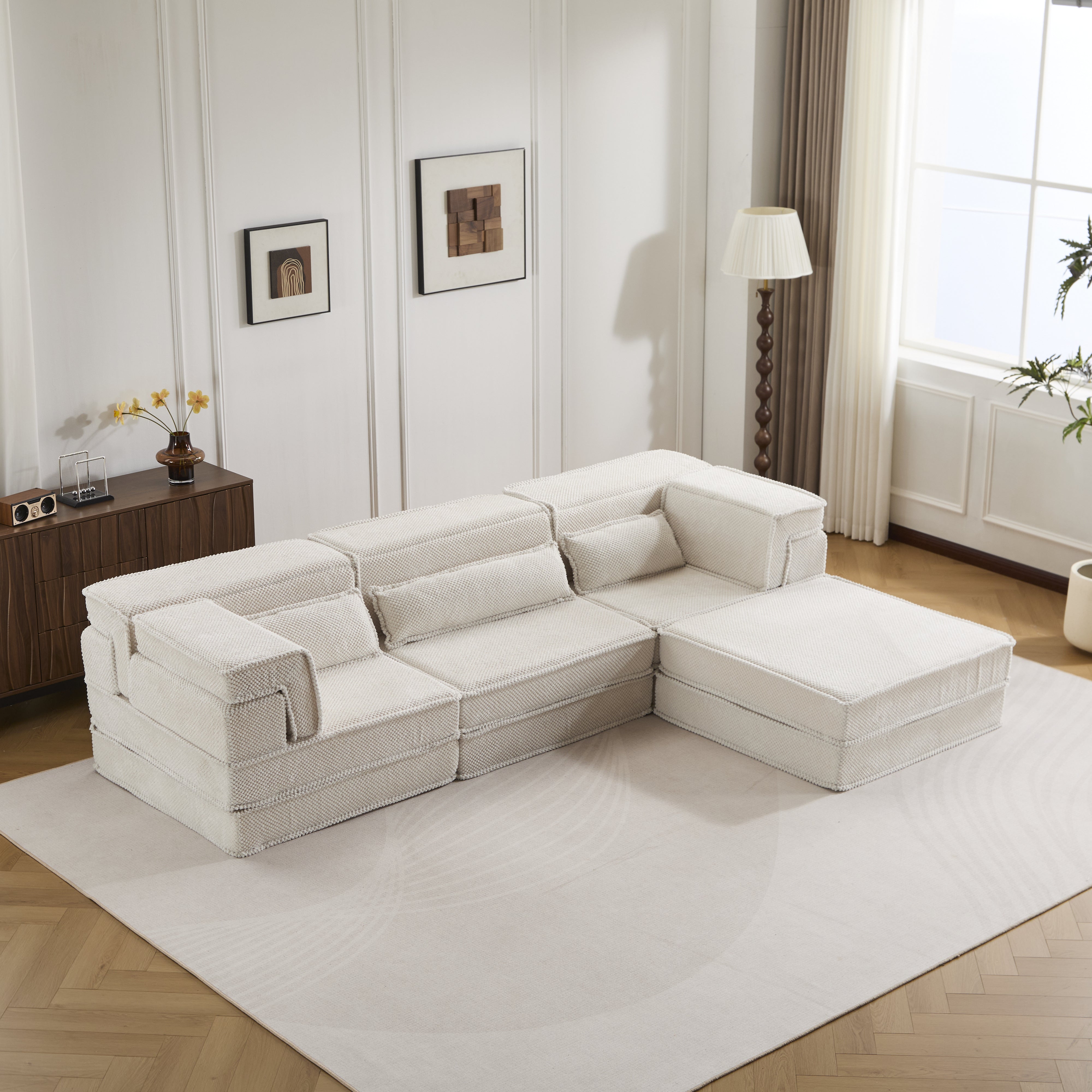 Sofá Mahjong de Compresión, Sofá Cama Convertible para el Suelo, Sofá Seccional Modular sin Huesos DIY, Sin Ensamblaje Requerido, Tejido de Lana de Círculo, Para 4 Personas de Tamaño Excesivo con 3 Almohadas, Blanco
