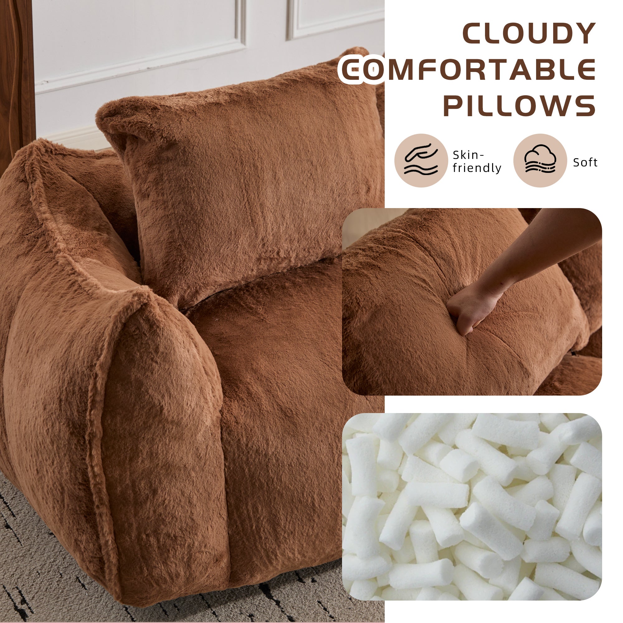 Sofá Gigante de Puf para Adultos, Sofá de Puf Loveseat Ultra Suave y Esponjoso, Silla de Reposetiras Sobredimensionada para Interiores en Sala de Estar o Dormitorio, No Requiere Ensamblaje, Silla de Lectura Acogedora con Almohadas, Marrón
