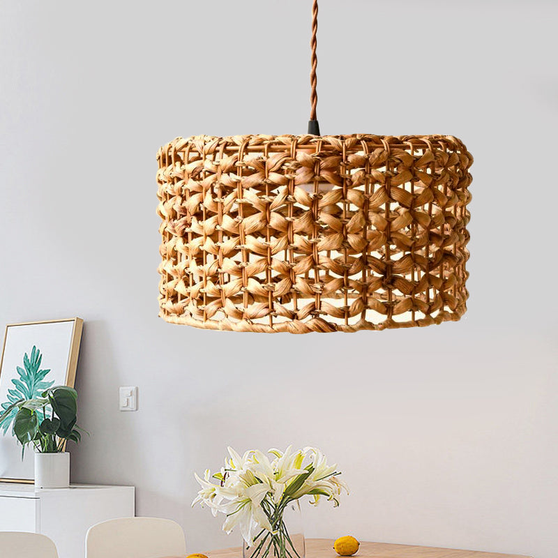 Traditional Brown Rattan Drum Pendant Light | Single Bulb Hanging Lamp for Dining Room