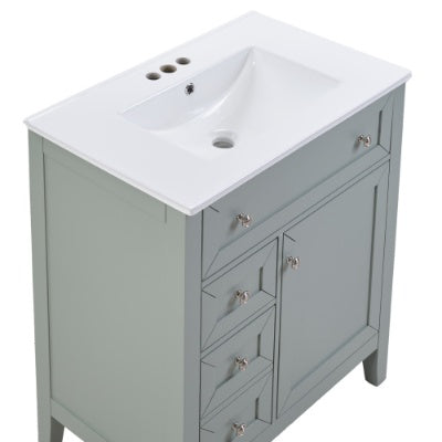 Lavabo de Baño en Madera Maciza con Fregadero de Cerámica de Montaje Inferior, 12 Guías de Cajón de Cierre Suave, Cajón Volteable, Cajón de Almacenamiento Único, Estante Ajustable, Capacidad de Carga de 70 kg, Gris