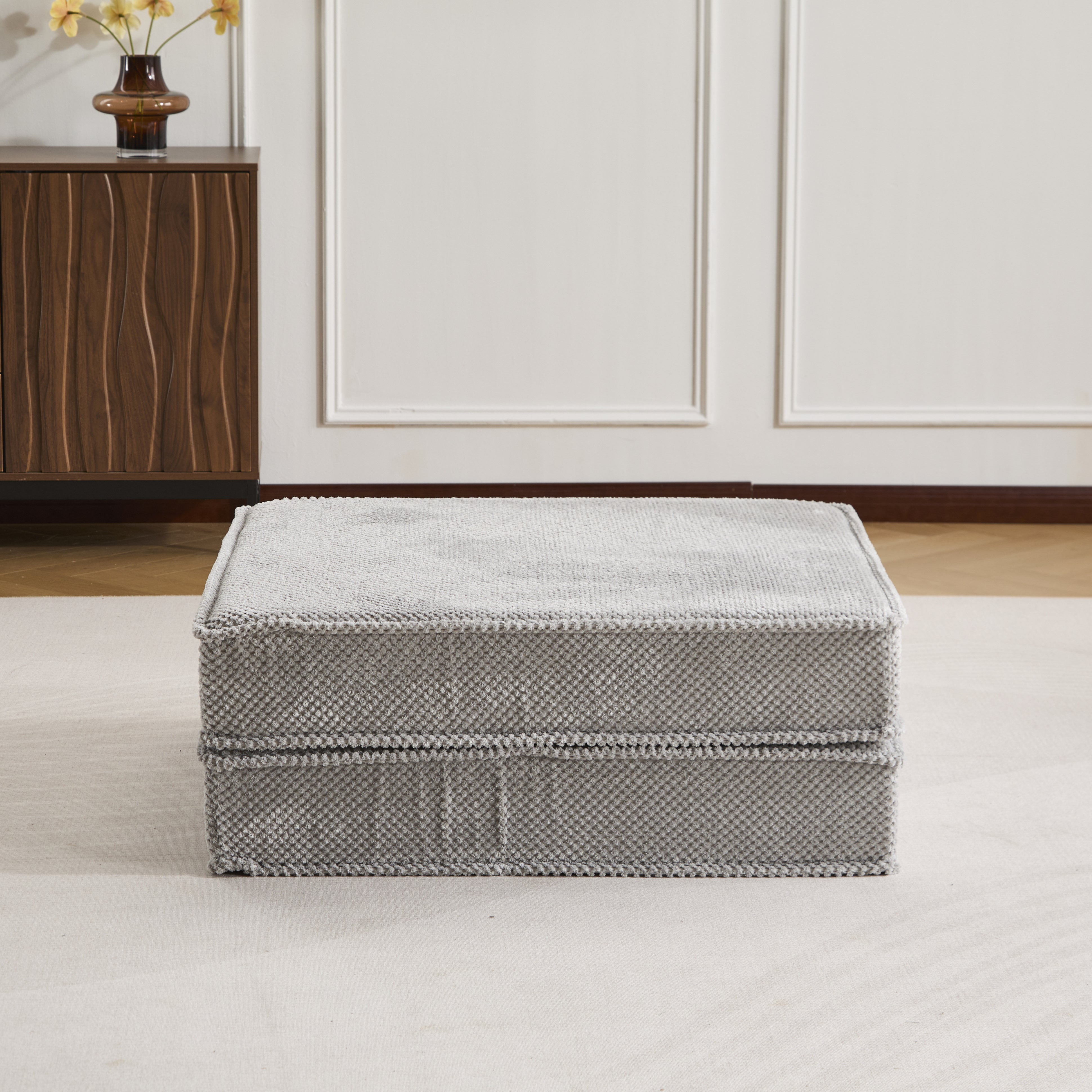 Sofá Mahjong de Compresión, Sofá Cama Convertible para el Suelo, Sofá Seccional Modular sin Huesos DIY, Sin Ensamblaje Requerido, Tejido de Lana de Círculo, 1 Otomana, Gris Claro