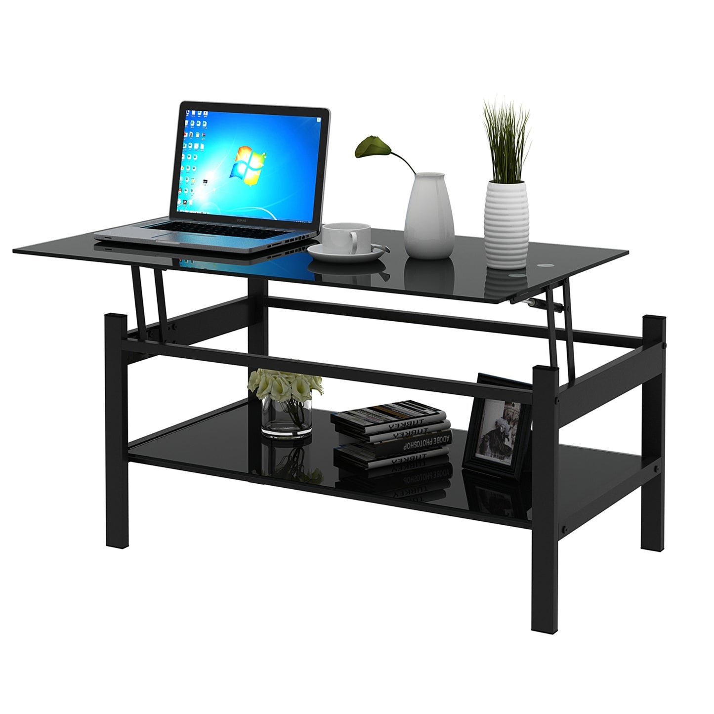 Glass Lift Top Coffee Table, 2-Layer Tempered Glass, Modern Simple, Black