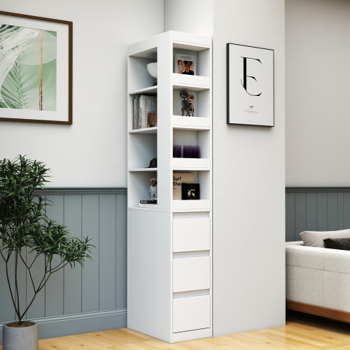 Gabinete de Almacenamiento para Pantalla de 70.87 H, Estantería de 4 Niveles, 3 Cajones Laterales y 4 Estantes de Exhibición Pequeños, Estantería Alta Moderna de Madera para Libros para Sala de Estar o Oficina en Casa