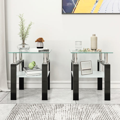 Juego de 2, Mesa de Té de Vidrio Templado Moderna, Mesa de Café, Mesa Auxiliar, Mesa Cuadrada para Sala de Estar, Transparente Negra