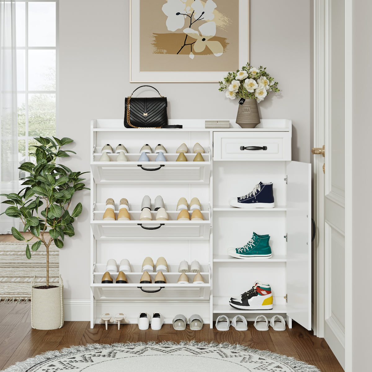 Armario para Zapatos de Color Blanco con 4 Puertas y 1 Cajón, Puerta de PVC con Forma, Amplio Espacio para Almacenamiento