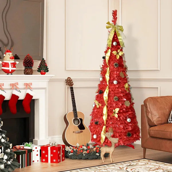 6FT Red Pop-Up Christmas Tree With 150 Warm White LED Lights, Ornaments Included – 4 Ribbons, Bow, Flowers, Snowflakes, Pine Cones & Balls – Easy Assembly & Space-Saving Holiday Décor