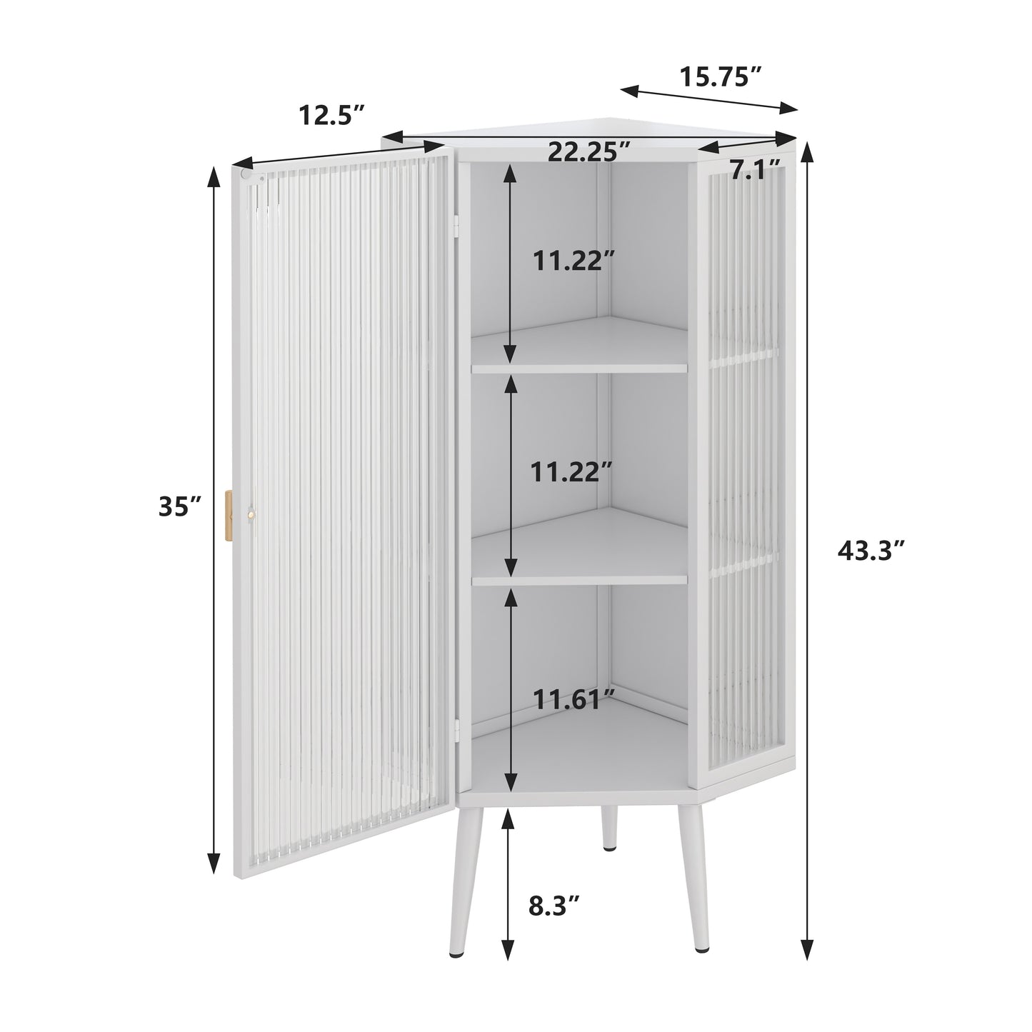22.25'' Floor Coner Cabinet,Three Tiers With Tempered Glass Doors And Storage Shelves For Bathroom, Living Room And Bedroom White