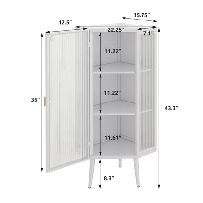 22.25'' Floor Coner Cabinet,Three Tiers With Tempered Glass Doors And Storage Shelves For Bathroom, Living Room And Bedroom White