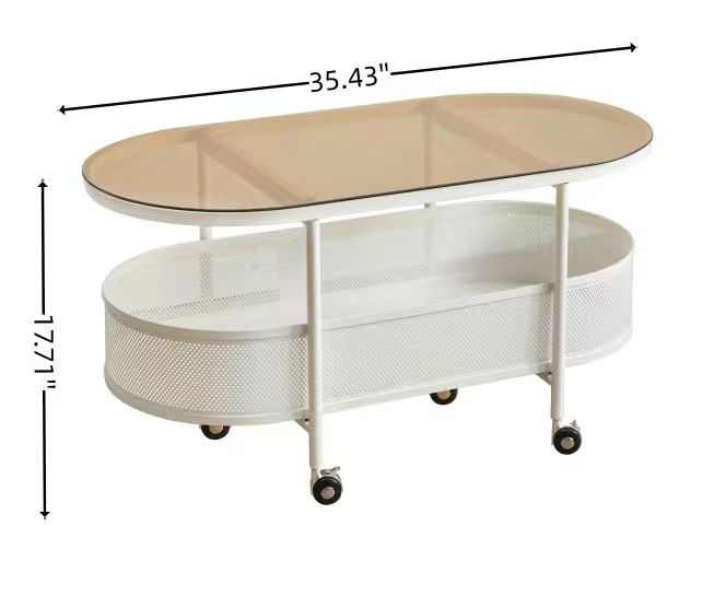 Movable Oval Metal Glass Coffee Table With Storage