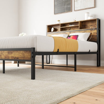 Estructura de Cama de Tamaño Completo con Cabecero de Almacenamiento, Cama Plataforma de Metal con Estación de Carga, Almacenamiento en Forma de Estantería, No Requiere Colchón de Muelles, Ensamblaje Fácil, Sin Ruido, Negro