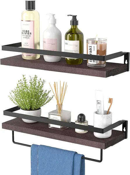Estantería Flotante para Baño con Barra para Toallas; Conjunto de 2 Estanterías de Pared para Baño, Sala de Estar, Cocina, Dormitorio; Marrón Claro; Marrón Oscuro; Negro.
