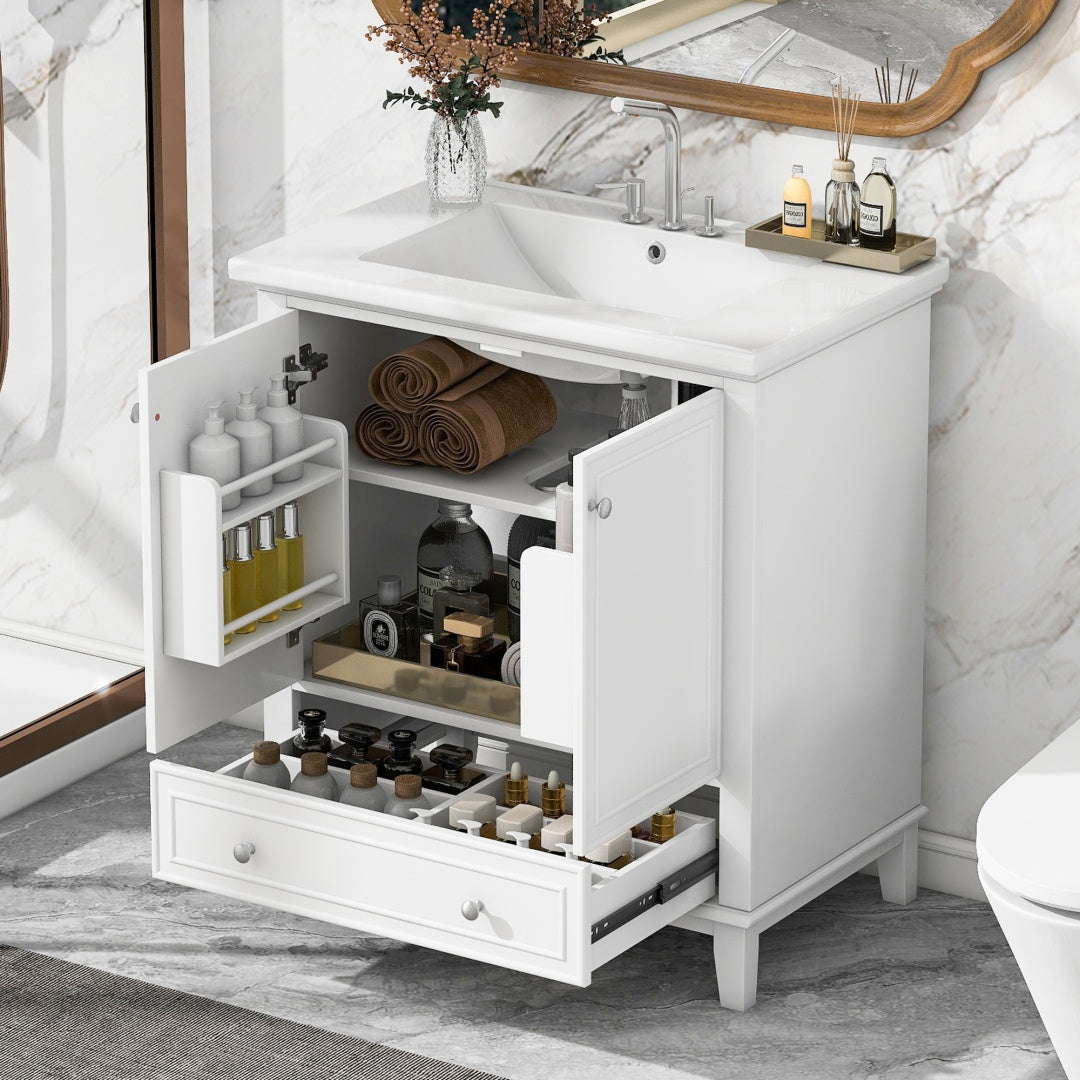 30-Zoll-Badwaschtisch mit Waschbecken-Kombination, Multifunktionaler Badezimmerschrank mit Türen und Schublade, Solider Rahmen und MDF-Platte, Weiß