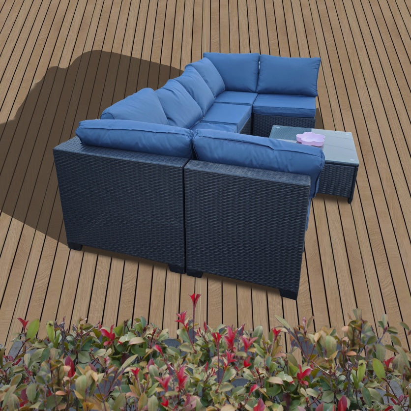 Seven-Piece Sofa Set Table With Sofa Chair Black PE Rattan Outdoor Furniture 7-JH001 Box 3-1-2-3 With Blue Color Cushion