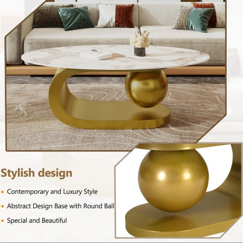Mesa de Centro Oval Moderna para Sala de Estar, Encimera de Mesa de Centro de Piedra Sinterizada con Patrón de Mármol y Base de Acero Inoxidable Dorado en 47.2