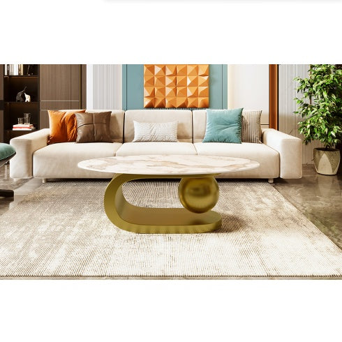 Mesa de Centro Oval Moderna para Sala de Estar, Encimera de Mesa de Centro de Piedra Sinterizada con Patrón de Mármol y Base de Acero Inoxidable Dorado en 47.2