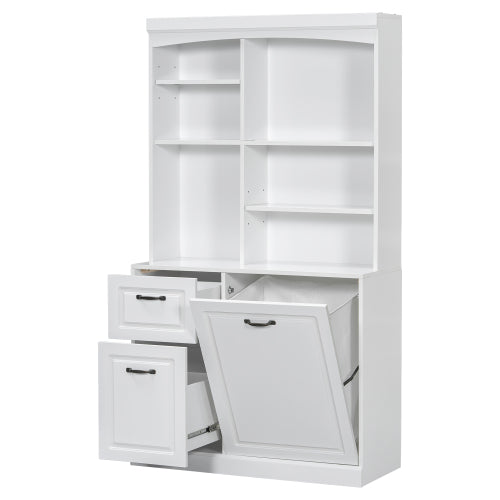 Bathroom Storage Cabinet With Tilt-Out Hamper, 70.9'' Tall Free Standing Organizer With Drawers & Adjustable Shelves, MDF Linen Tower With Steel Handles, White Finish